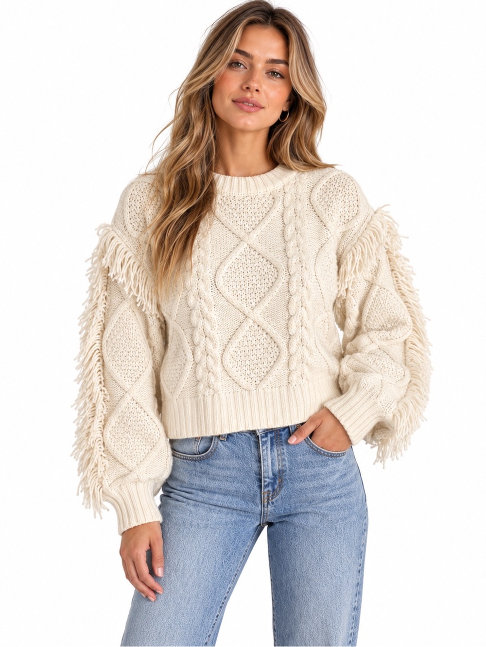 Line & Dot Cream Cable Knit Fringe Sweater S Boho Western Coastal